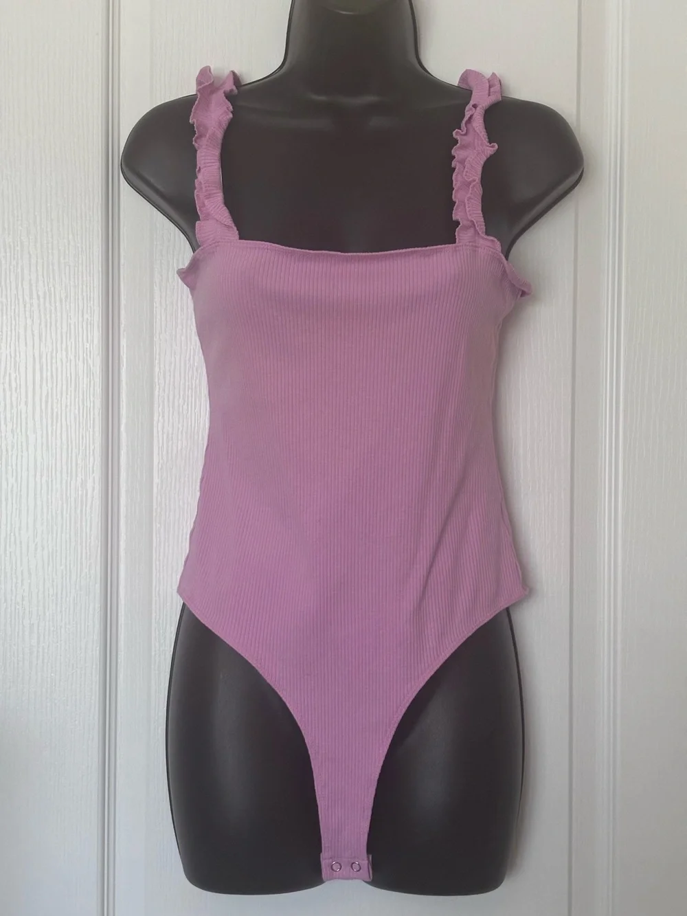 Double Zero Ribbed Ruffle-Strap Bodysuit - Lavender Pink - Picture 2 of 5